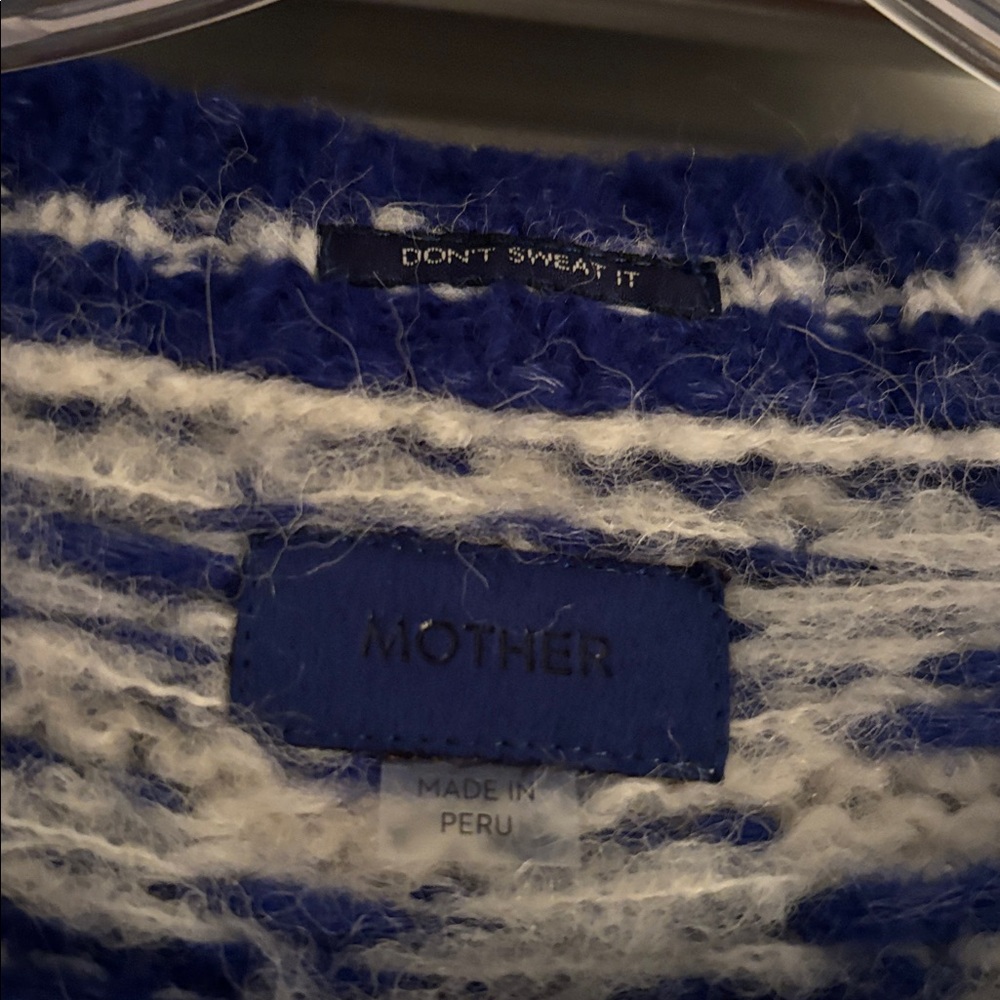 MOTHER Blue and Cream Cropped Knit Sweater - Picture 2 of 5